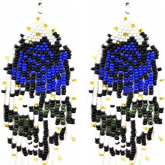 Long 4.5" Handmade Beaded Dark Blue Rose Earrings Large Roses Beads Handcrafted - Picture 3 of 4